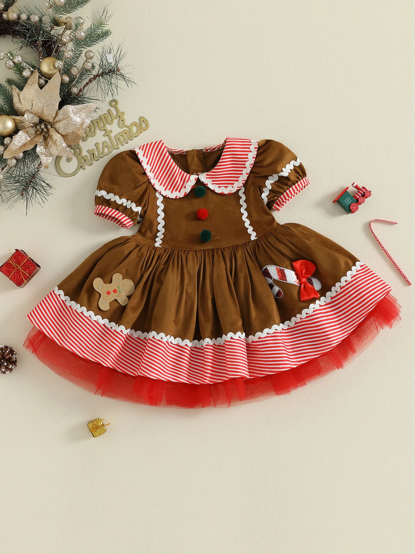 Toddler Girl's Christmas Dress - Gingerbread Man Print Doll Collar Bubble Sleeve