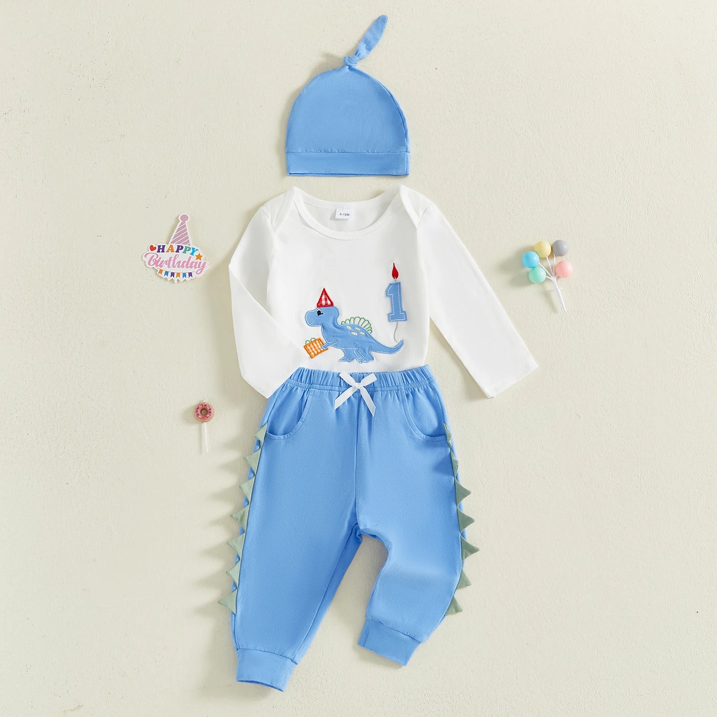 Newborn Baby Boys Birthday Clothing Set - Dinosaur Embroidery Romper, Pants & Hat 3-Piece (0-18M)