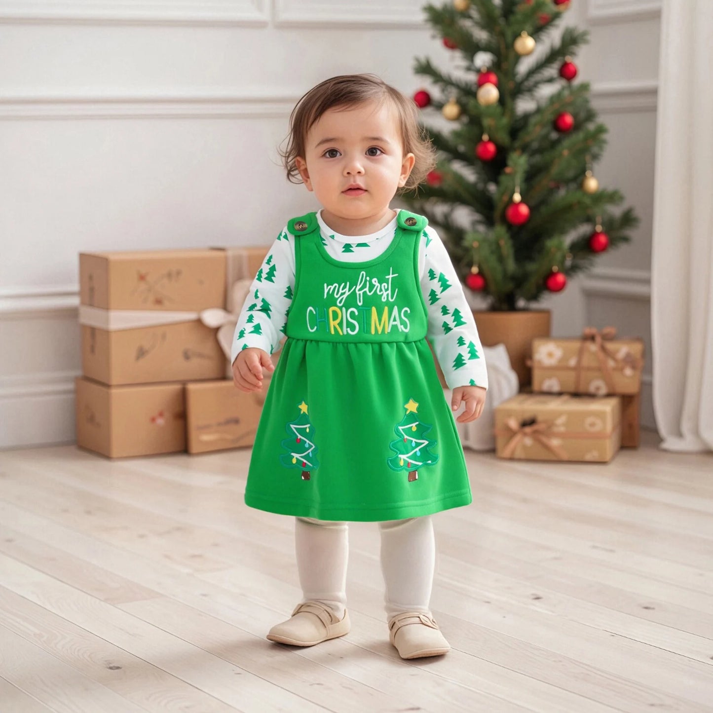 Baby Girls Christmas Clothes Set - Xmas Tree Print Long Sleeve Romper & Letter Embroidery Sleeveless Dress