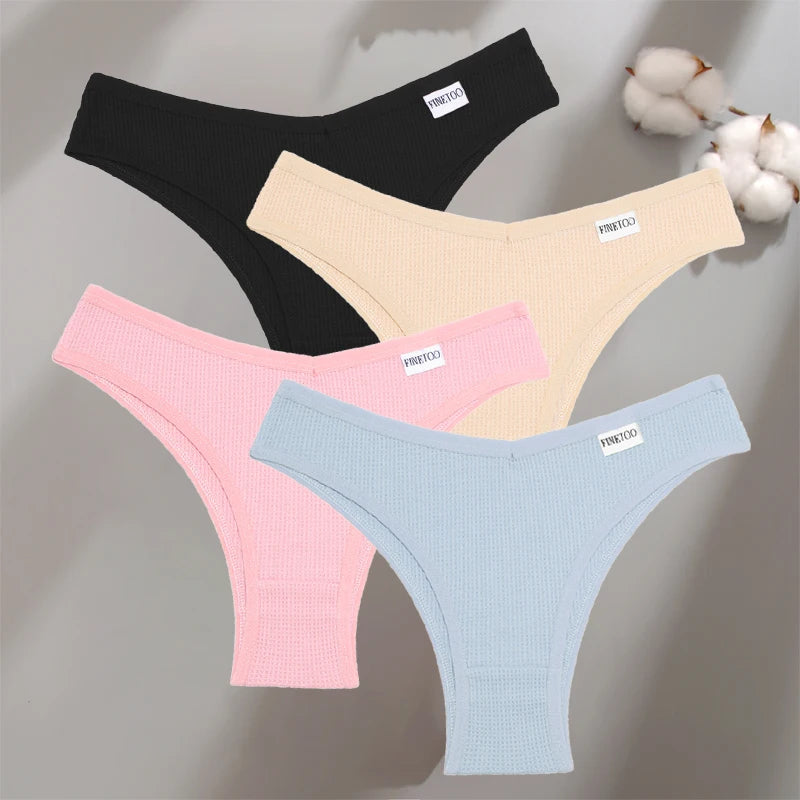 Women's 4Pcs Cotton Breathable Underwear Panties Low-Waist Waffle G-string Stretch Briefs Soft Lingerie
