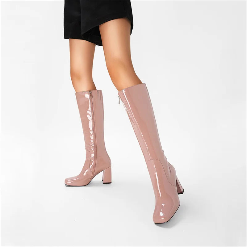 Women's Patent Leather 7cm Thick Heel Knee Side Zipper Boots