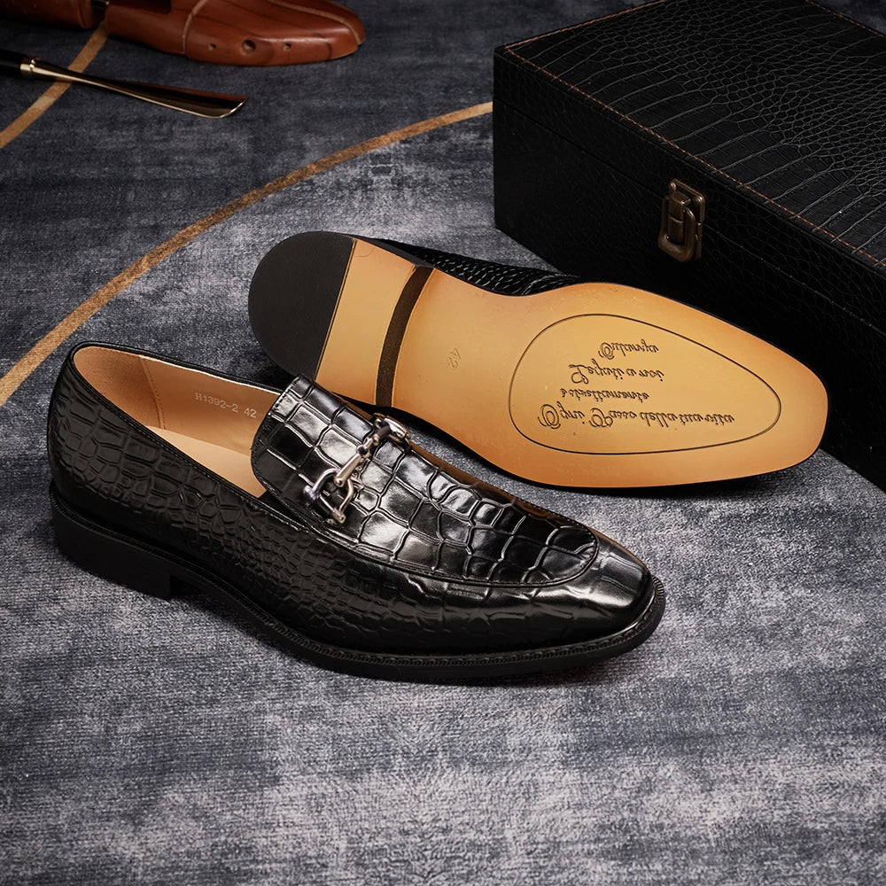 Formal Men's Oxford Shoes Pointed Toe Metal Buckle Genuine Leather Crocodile Pattern Shoes