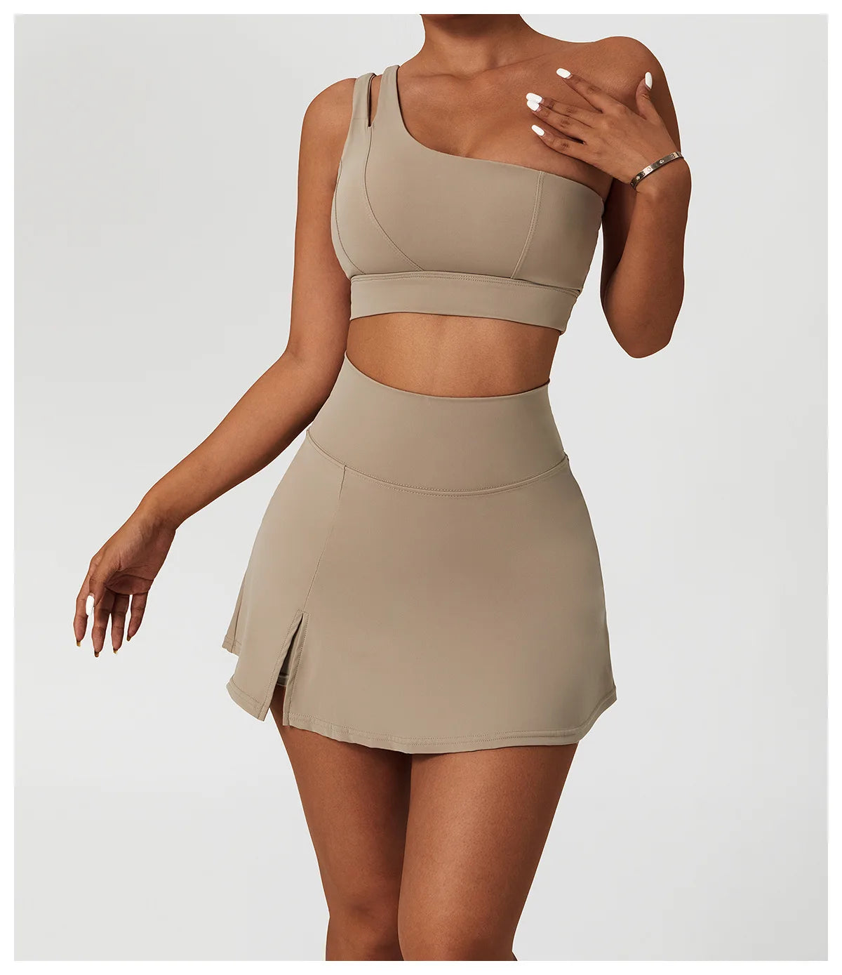 Women’s 2pc Sports Skirt Suit Outdoor Leisure Single Shoulder Bra Suit Quick Drying Tennis Set Yoga workout Skirt Set