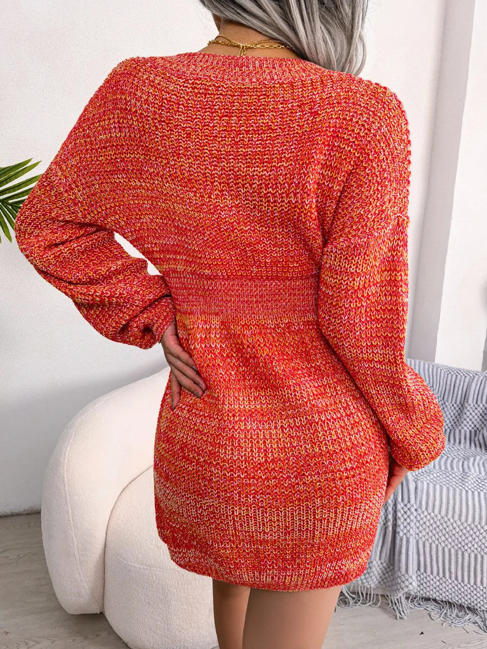 Women's Autumn Winter V Neck Lantern Sleeve Nipped High Waist Sweater Chic Knitted Dress