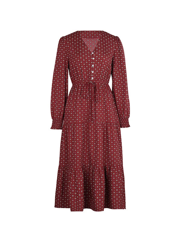 Women's Autumn Winter Long Sleeve Print V-neck Chiffon A-Line Knee Length High Waist Dress