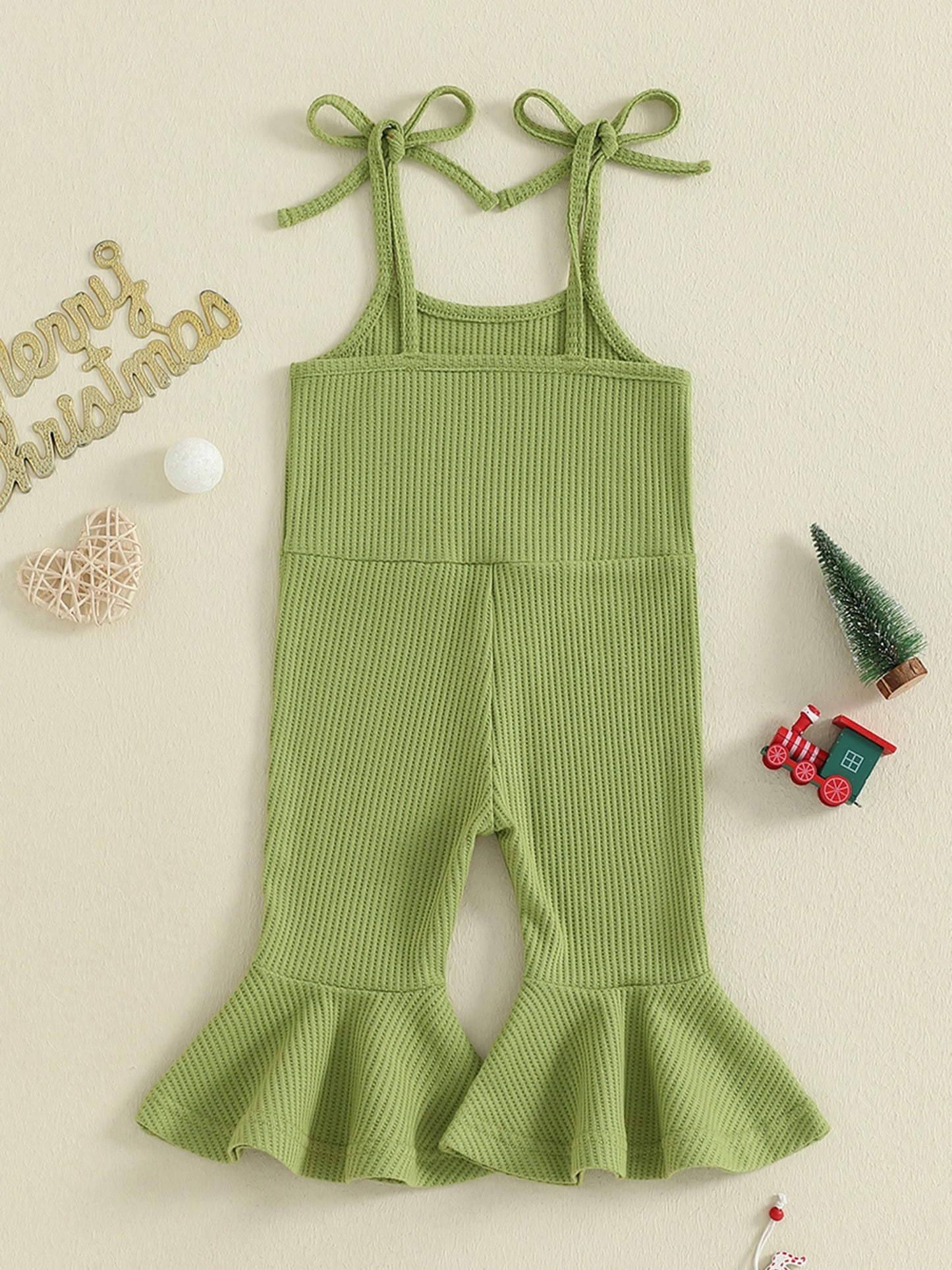 Toddler Girls' Christmas Flare Pants Romper - Heart Embroidery Sleeveless Bell Bottom Overalls