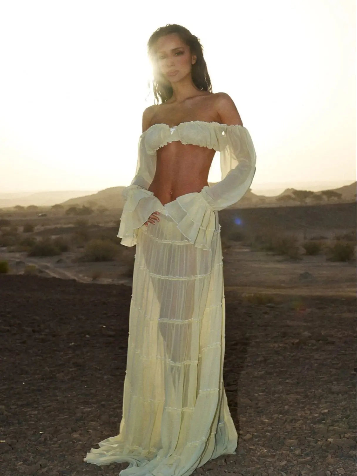 Women's Ruffle Beach Cover Up Dress - Long Sleeve High Waist Bandage Beachwear