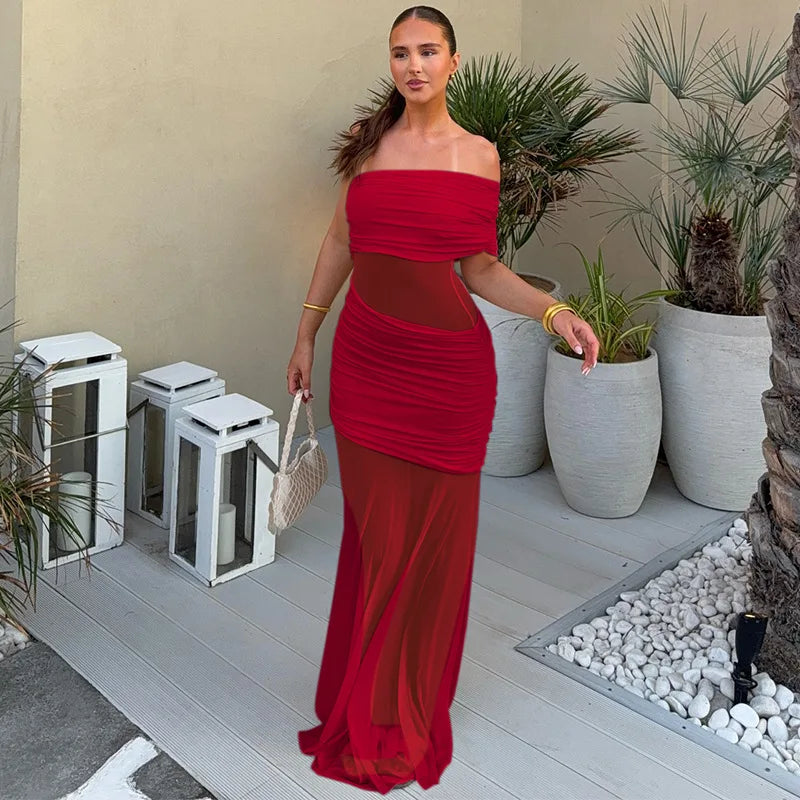 Women's Off Shoulder Ruched Mesh Maxi Dress - Backless Summer Club Dress