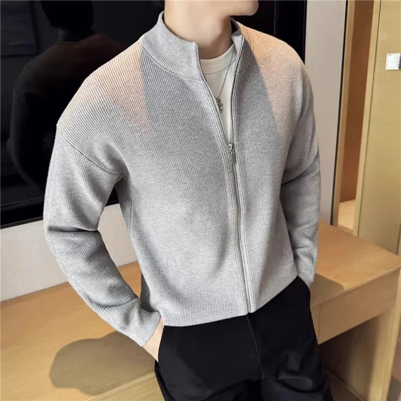 Men's Slim Fit Stand Collar Cardigan - Autumn Winter Zip-Up Knitted Sweater