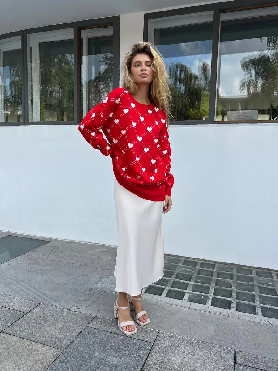 Women's Love Heart Printed Round-neck Pullover Sweater
