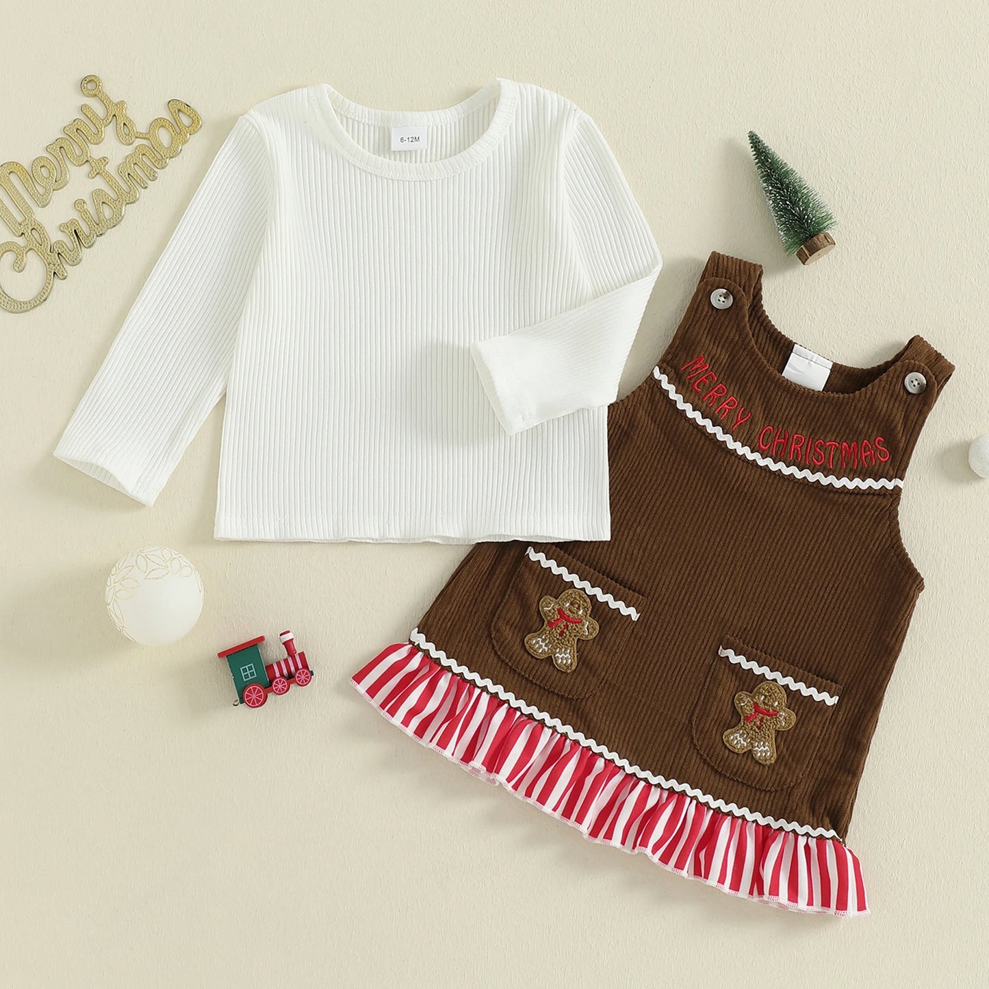 Kids Girls Christmas Autumn Winter Clothes Set - Long Sleeve Top & Ruffle Overalls Dress (1-4Y)