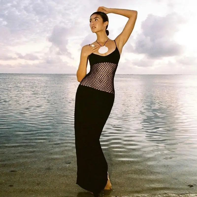 Women's Fishnet Detail Maxi Mesh Splice Slip Dress