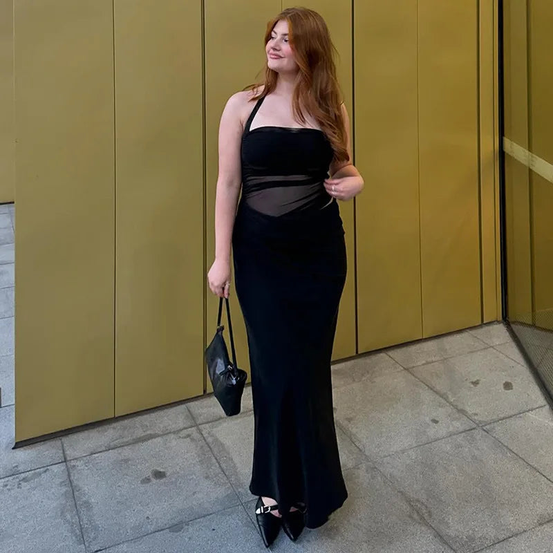 Women's Elegant Halter Mesh Sheer Cut Out Maxi Dress - Party Long Dress Outfit Asymmetrical Ruched Gown Summer Dress