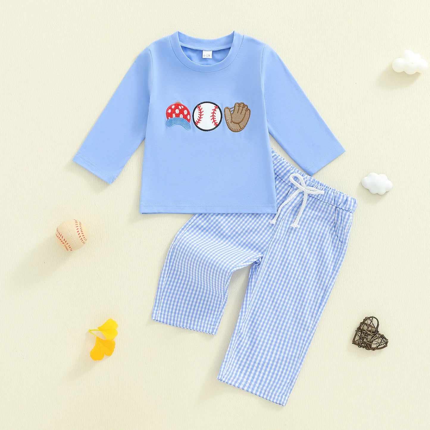 Autumn Winter Baby Boys Clothing Set - Baseball Embroidery Sweatshirt & Plaid Pants