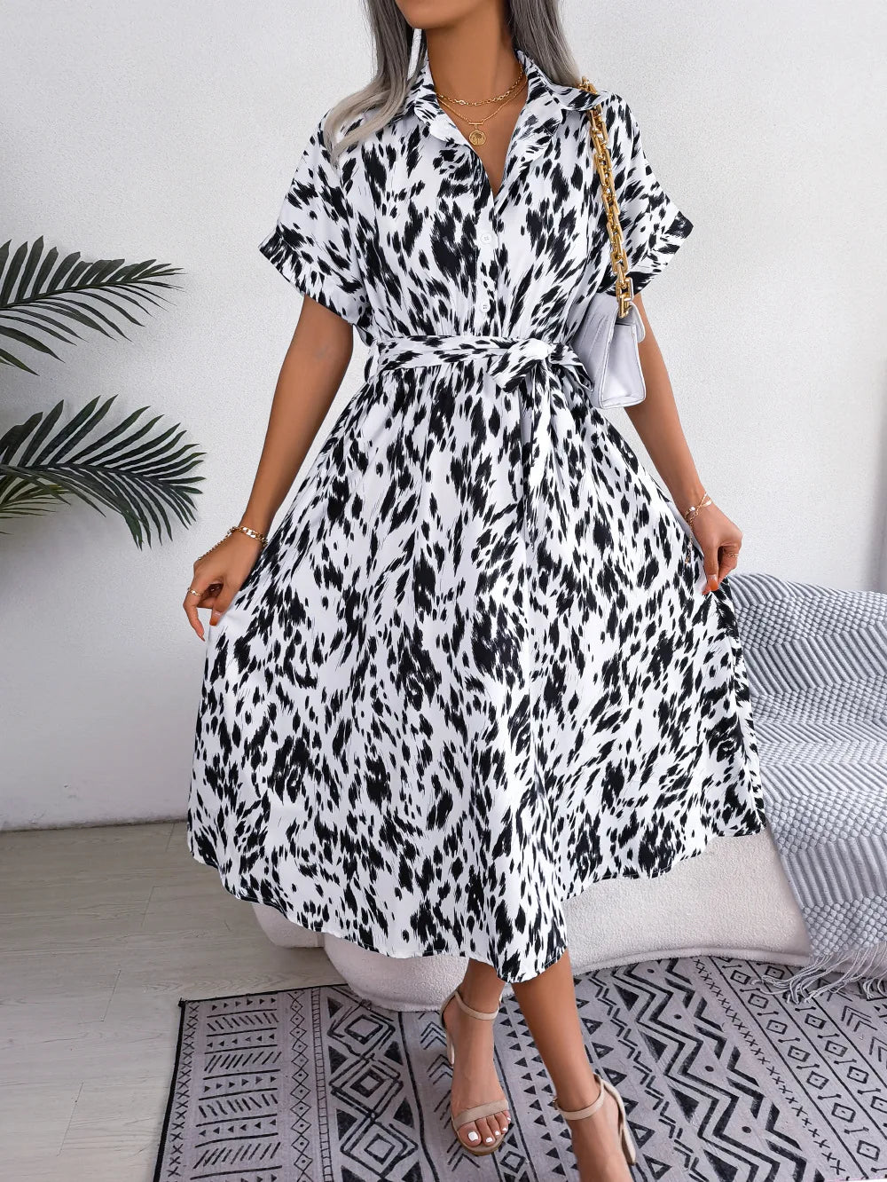 Women's Summer Casual Loose Leopard Lace Up Shirt Chic Dress