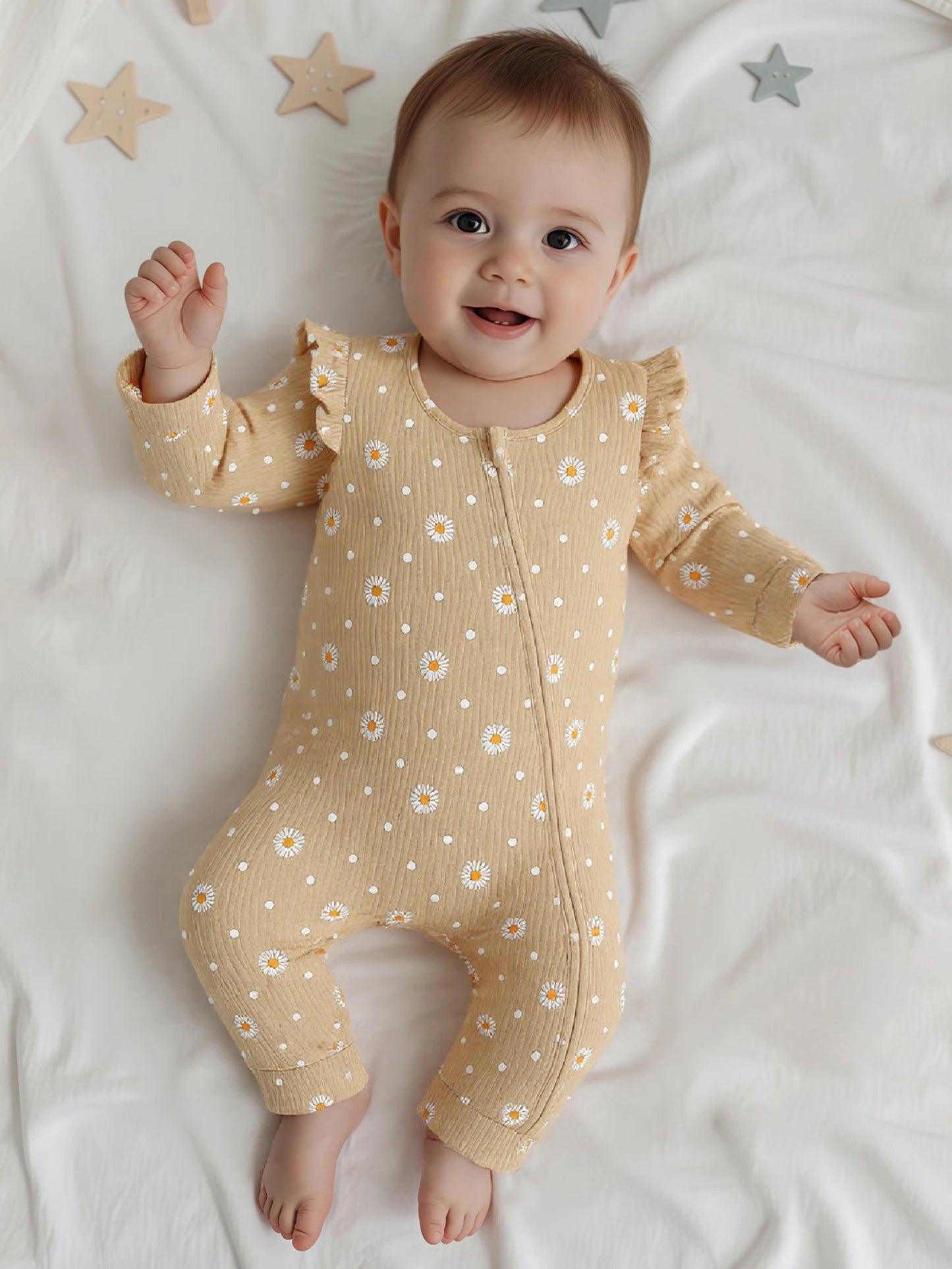 Baby Girls Fall Jumpsuit - Long Sleeve Flower Print Zipper Romper (0-18M)