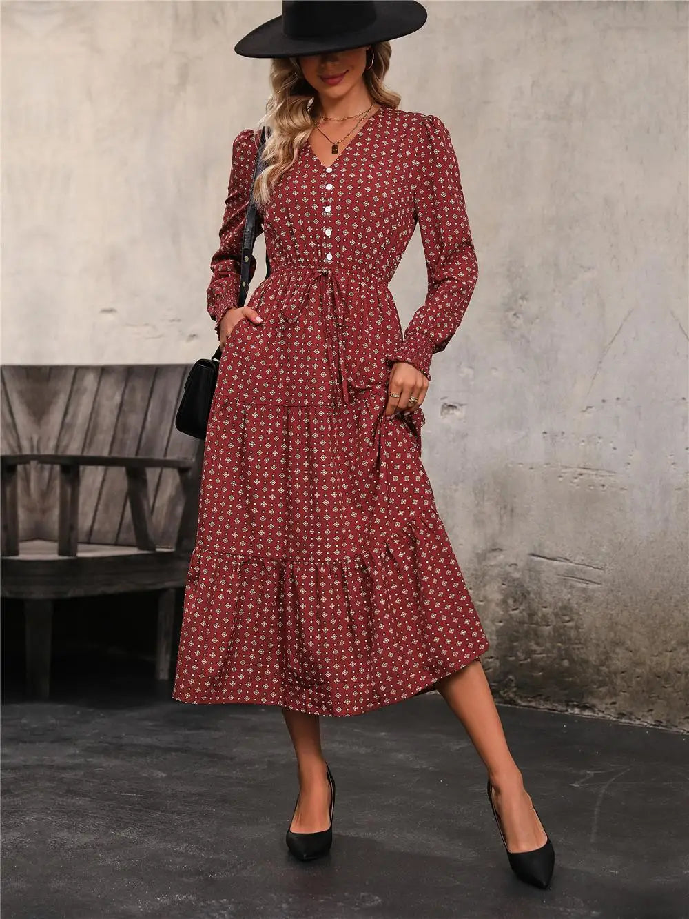 Women's Autumn Winter Long Sleeve Print V-neck Chiffon A-Line Knee Length High Waist Dress