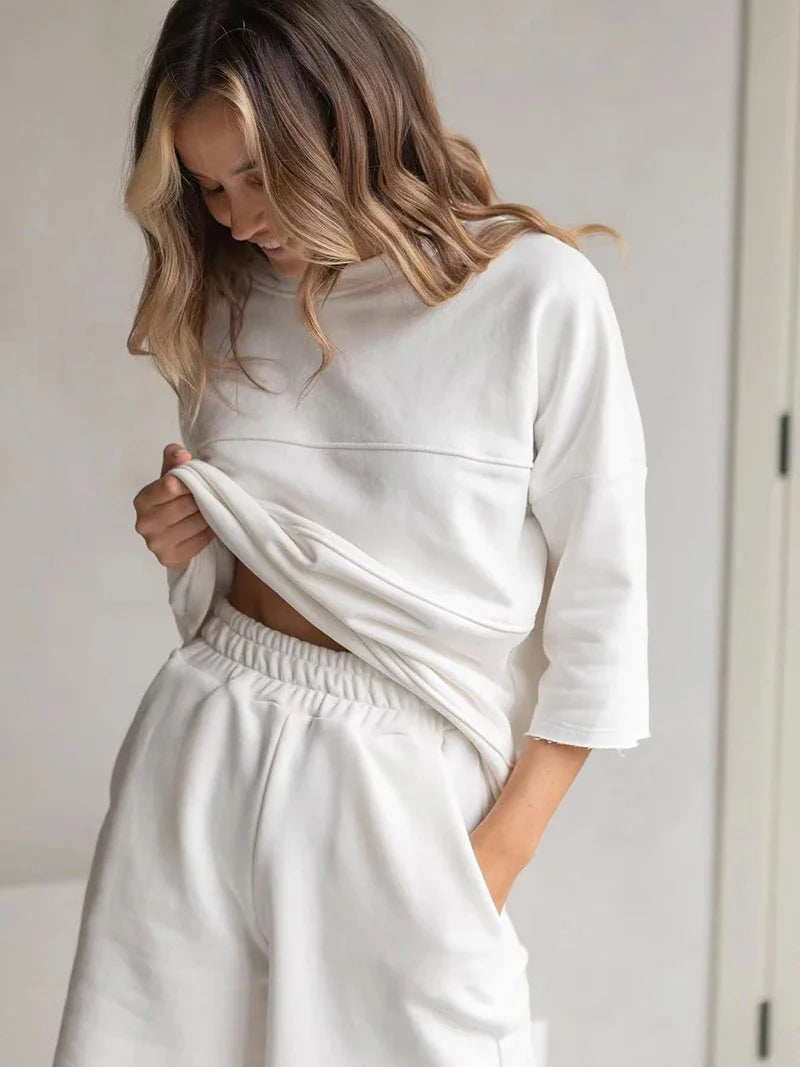 Women's 100% Cotton Shorts Set Half Sleeve Patchwork T Shirts & High Waist Shorts Two Pieces Set