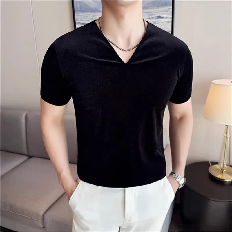 Men's Summer V-Neck Short Sleeve Elastic Slim Fit Breathable T-Shirt