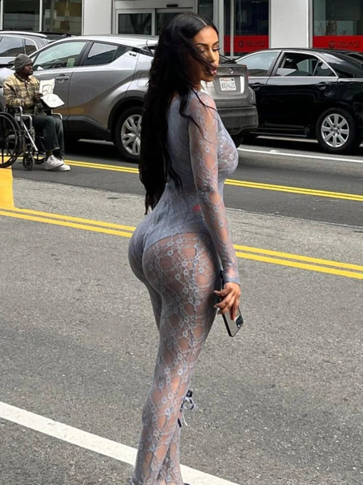 Women's See Through Mesh Jumpsuit Bow Splice Long Sleeve Bodycon One Piece