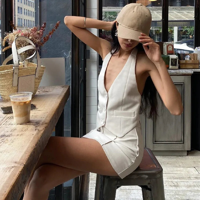 Women's Halter Deep V Cute Co-ord Set Elegant Outfits Single Breasted Waistcoat Top and Skirt 2 Piece Set