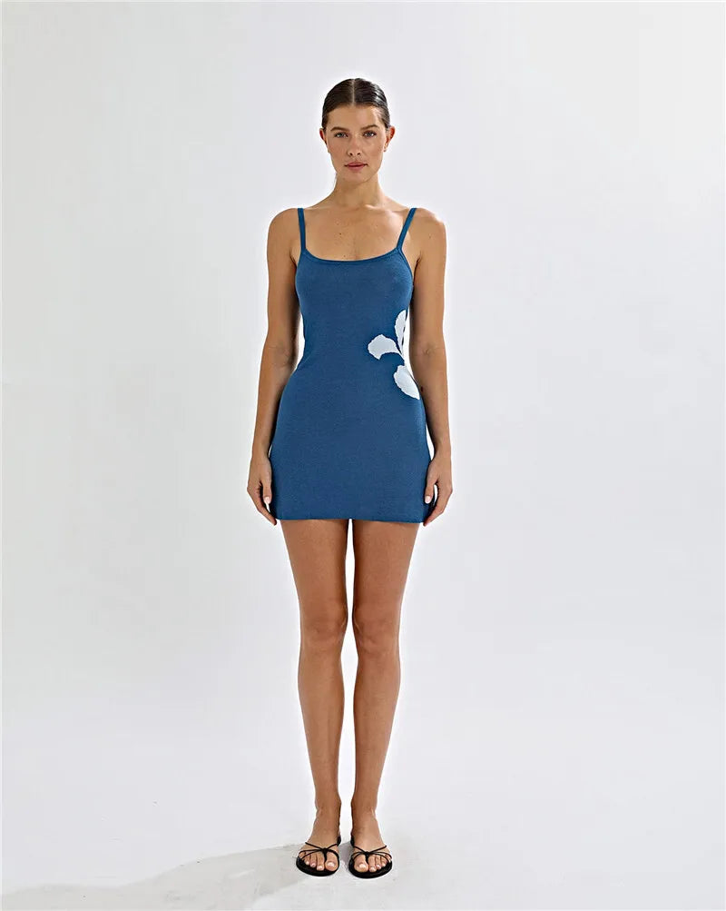 Women's Spaghetti Strap Print Knitwear Mini Robe Summer Sleeveless Backless Beach Dress