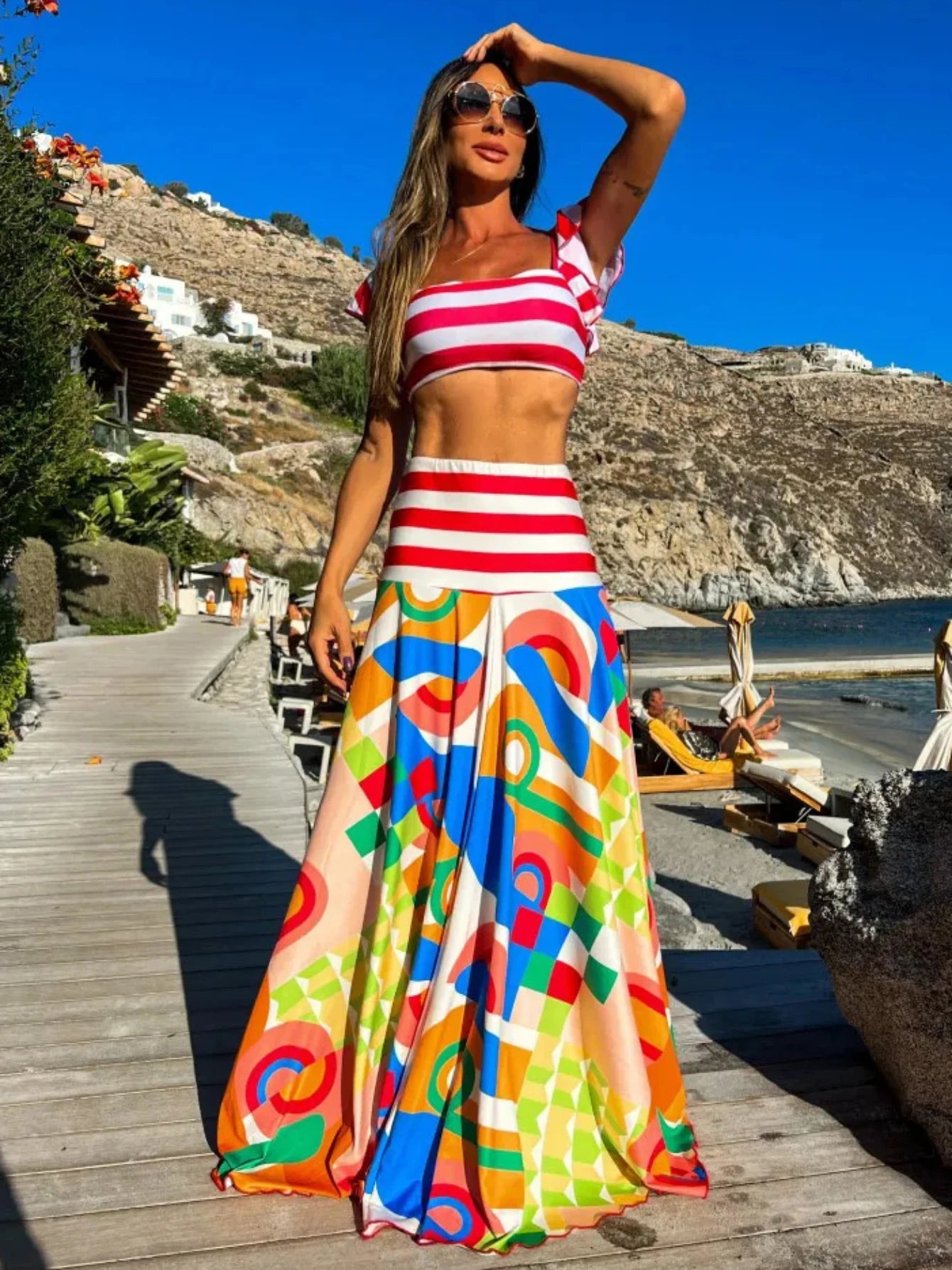 Women's Print Beach Two Piece Skirt White Bra High Waist A-line Long Skirt Beach Set