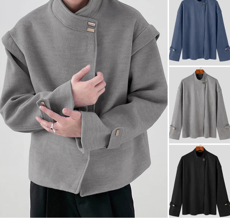 Men's Solid Simple Metal Buckle Design Jacket Coat Long Sleeved Jacket