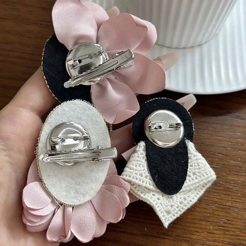 Rhinestone Pearl Badge Brooches - Pink Fabric Bow Lapel Pin for Women