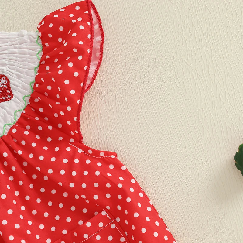 Baby Girls Strawberry Embroidery Polka Dot Romper - Smocked Ruffle Sleeve Jumpsuit (0-24M)