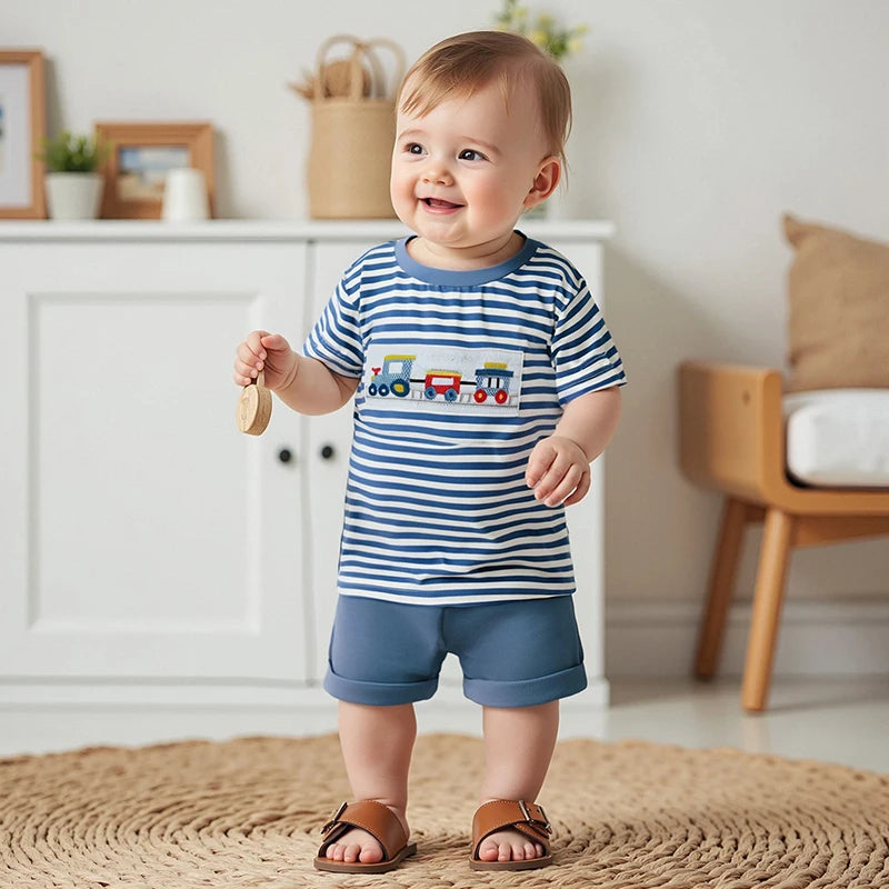 Summer Baby Boys Car Embroidery Outfit Set - Stripe Print T-Shirt & Elastic Waist Shorts (2-Piece)