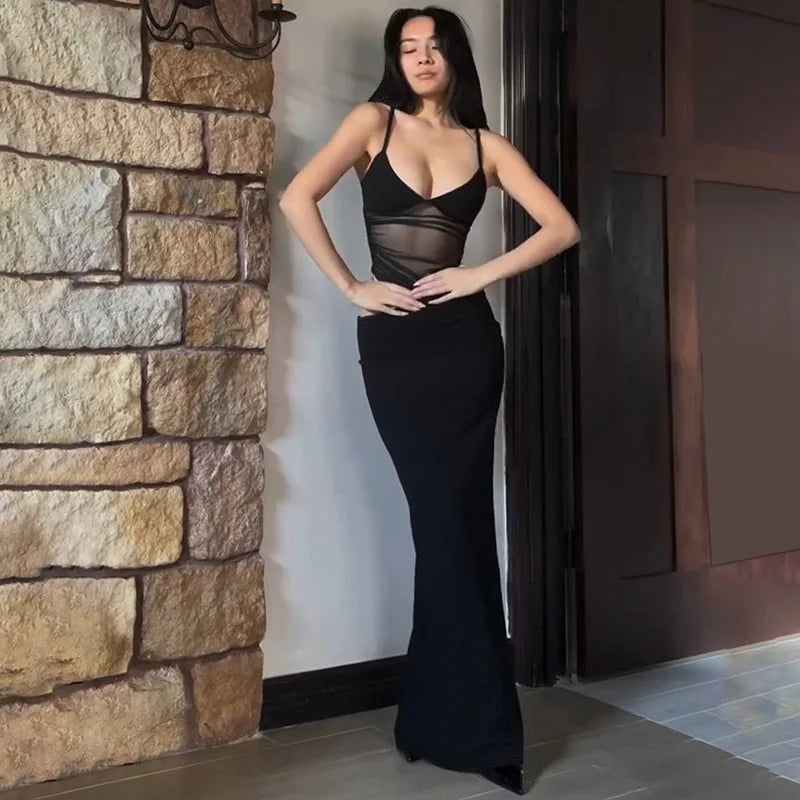 Women's  Mesh Sheer Slip Maxi Sleeveless Cut Out V Neck Split Dress