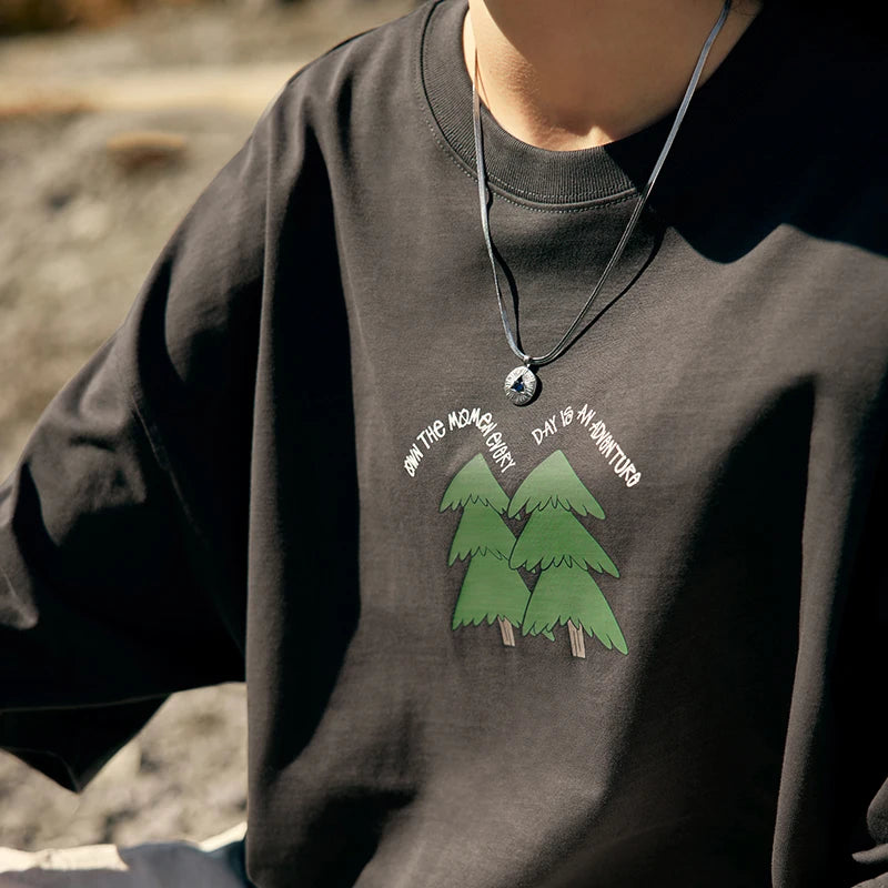 Unisex 265G Pine Tree Puff Print Heavyweight oversize Casual Pure Cotton Short Sleeve T-Shirt