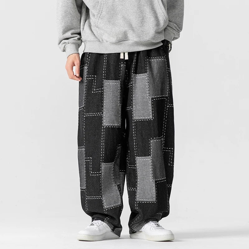 Men's Autumn Winter Loose Patchwork Denim Pants Casual Jean Trousers