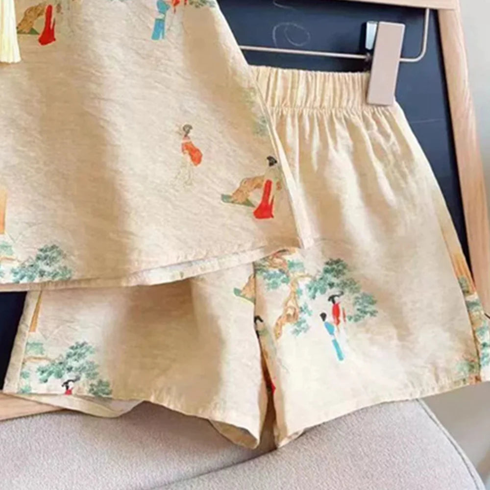 Girls' Set Summer Style Printed Standing Neck Tassel Top and Shorts Two Piece Set