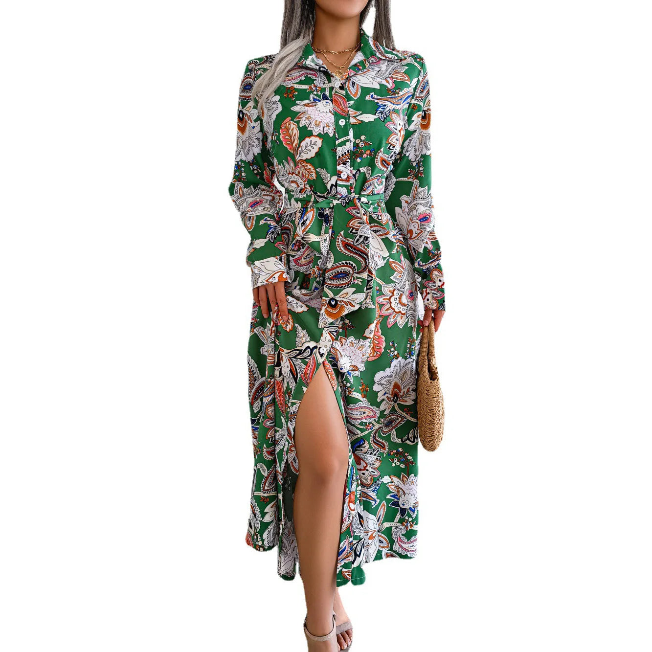 Women'S Spring Summer Retro Floral Collar Long Sleeve Tie Up Shirt Dress