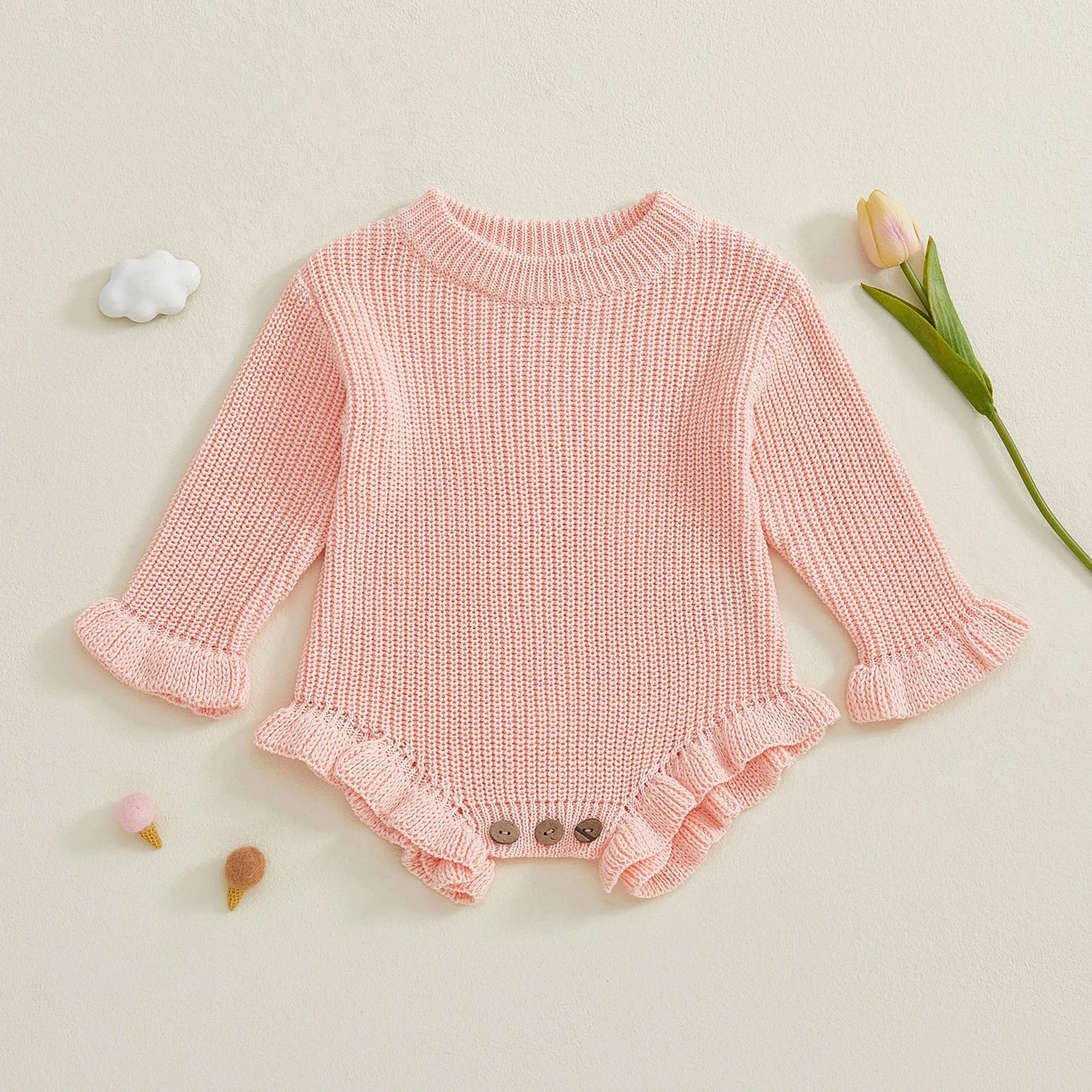 Newborn Baby Knit Romper - Long Sleeve Round Neck Ruffled Sweater Jumpsuit