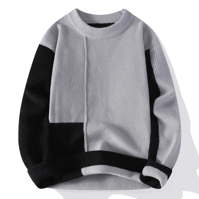 Men's Autumn Winter Casual O-Neck Patchwork Knitted Pullover Sweater