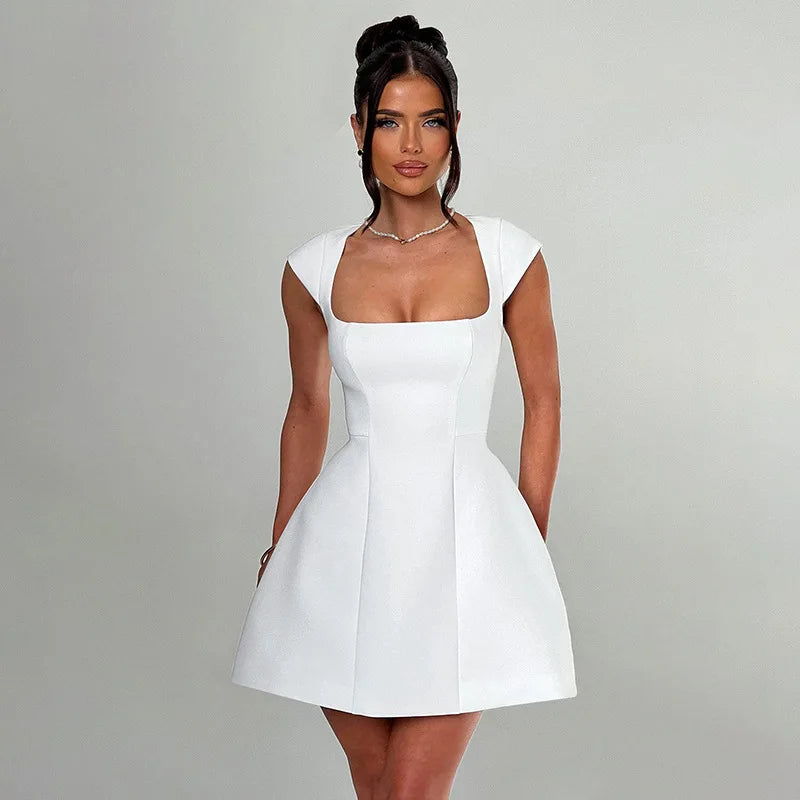 Women's Square Collar Vest Mini Dress - A-Line High Waist Solid Patchwork Dress