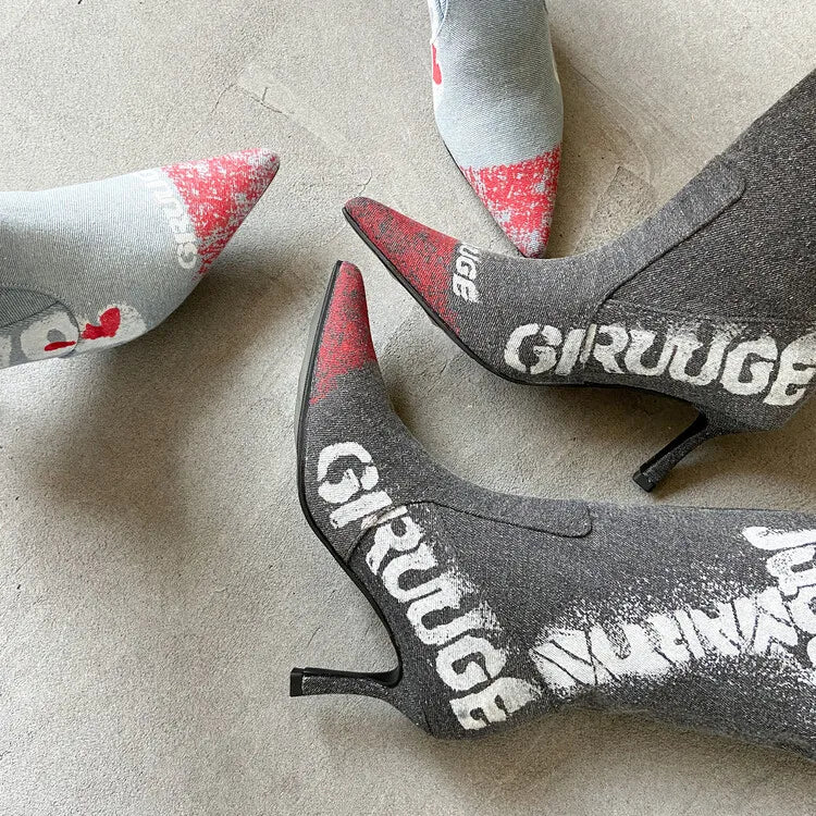 Women's 7cm Thin Heel Graffiti Folded Denim Boots