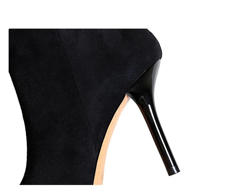 Black Suede Ankle Boots - Pointed Toe Stiletto Heels with Side Zipper