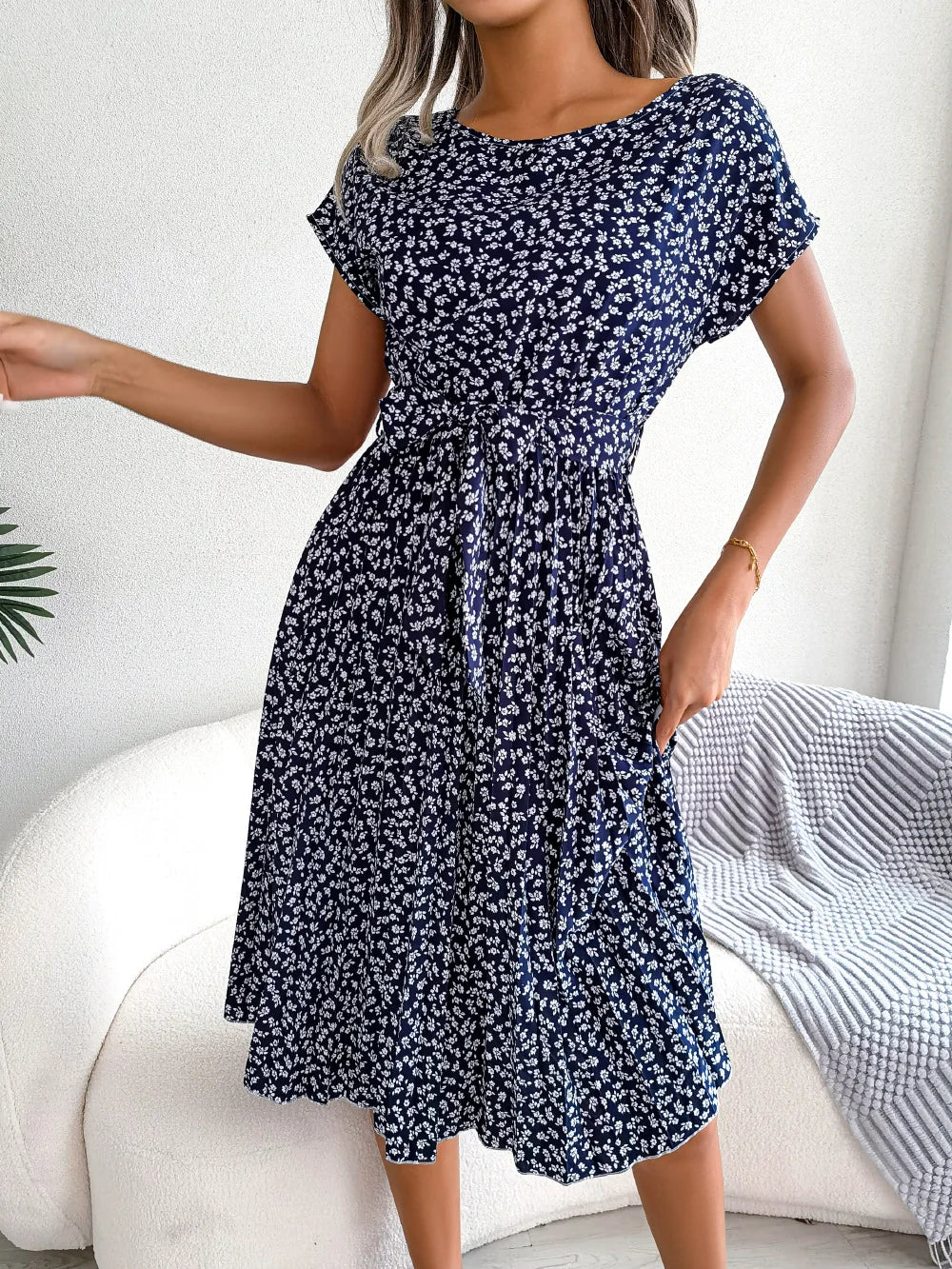 Women's Floral Pleated A Line Long Spring Summer Short Sleeve High Waist Chic Dress