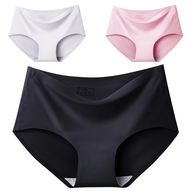 Women's 3Pcs Seamless Ice Silk Underwear Invisible Comfort Briefs Mid-waist Panties Breathable Lingerie
