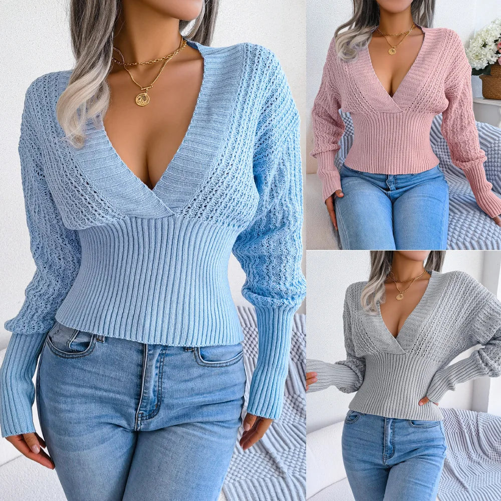 Women's Autumn Winter Hollow V Neck Bat Sleeve High Waist Pullover Sweater