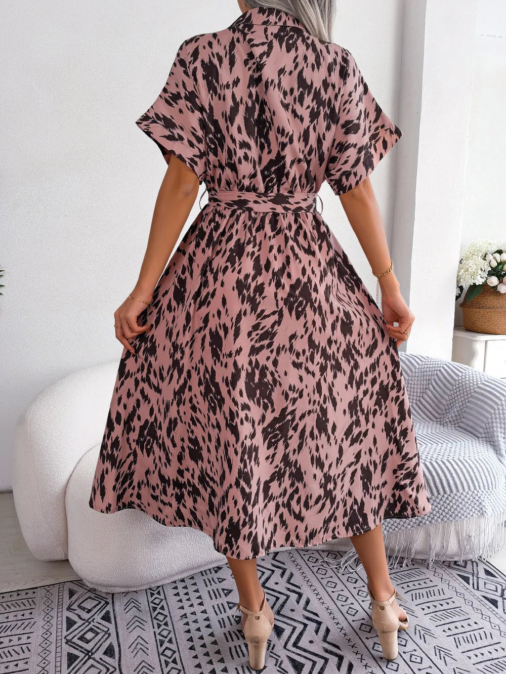 Women's Summer Casual Loose Leopard Lace Up Shirt Chic Dress