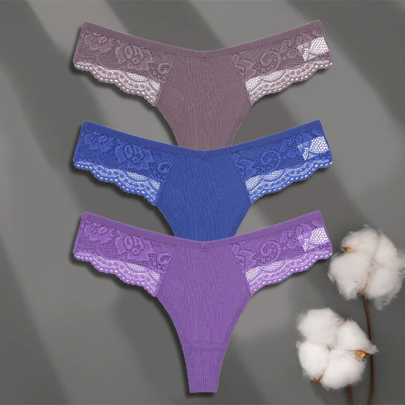 Cotton Lace Thongs - 3 Pack Low Waist Bikini Panties