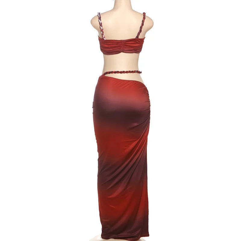 Women's Ruched Bandage 2 Piece Set Backless Decorative Cord Top and Skirt Dress Set