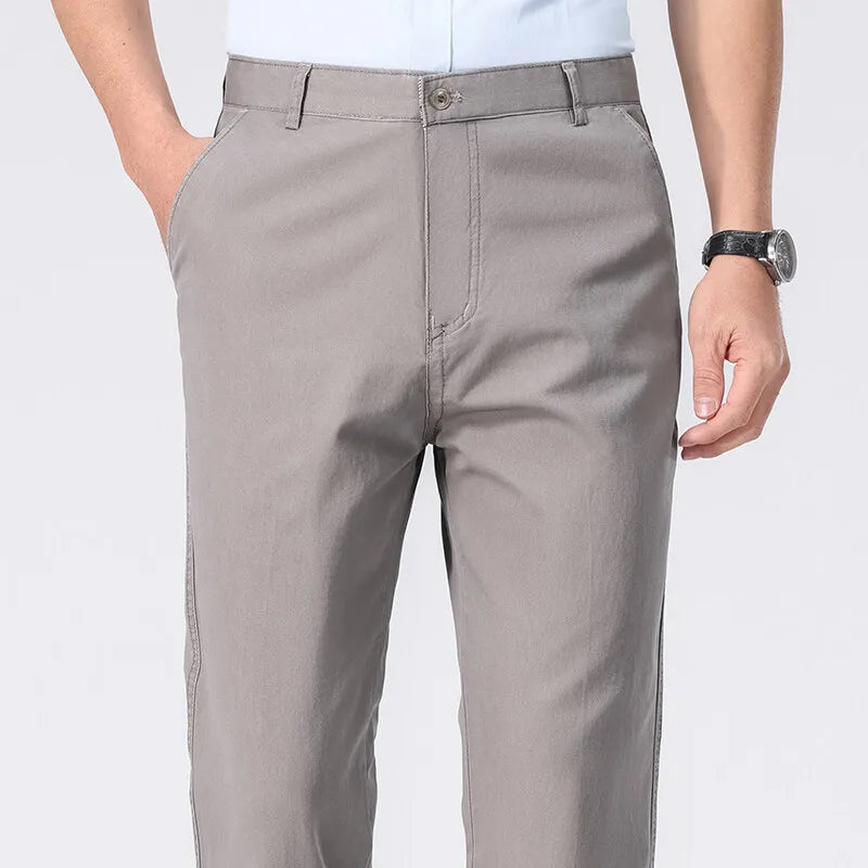Men's Spring Summer Cotton Smart Casual Lightweight Zipper Fly Straight Breathable Trousers