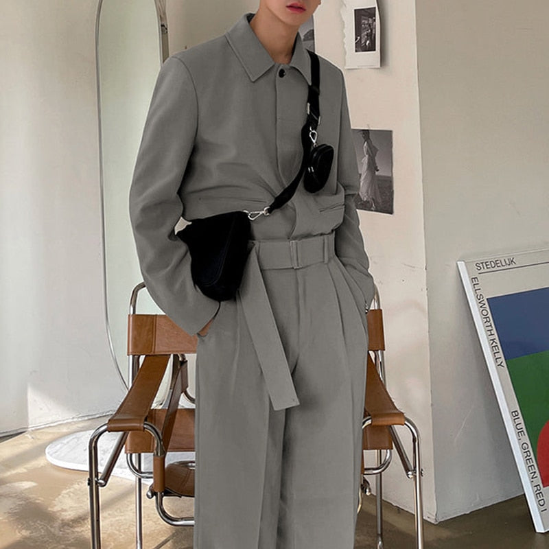 Men's Lapel Long Sleeve Pockets Jumpsuit With Belt S-5XL