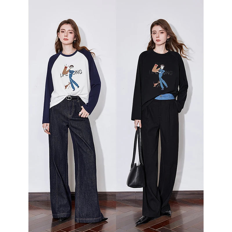 Women's Long Sleeve Lyocell Denim Patchwork Embroidery Cotton Pullover T-Shirt